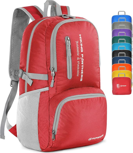 ZOMAKE Lightweight Packable Backpack, Water Resistant Foldable Daypack 35L | Light Hiking Backpacks Collapsible Day Pack for Travel, Everyday Carry, Multi Compartment Storage, Adjustable Strap (Red)