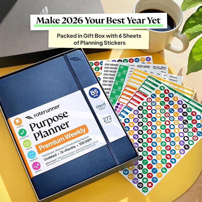 Roterunner Purpose Planner Notebook B5 7.5”x9.8” 12 Month Undated 2026 Daily Weekly and Monthly Productivity Goal Setting Tool for Work Home ADHD Planner for Adults Self Care Journal