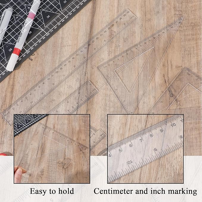 6PCS Clear Plastic Ruler Math Set, Math Geometry Tool Plastic Ruler Set, Includes 6 Inch and 12 Inch Straight Rulers, 30/60 and 45/90 Triangle Rulers, Protractor for School, Office, Home
