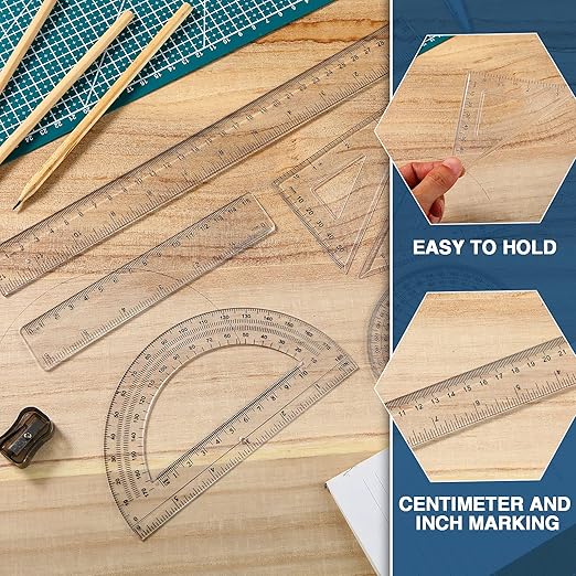 Tenare 36 Pcs Plastic Clear Math Set Includes Protractor Triangle Rulers 12 Inch 6 Inch Straight Geometry Math Transparent Ruler Measuring Tool for Office Home Supplies