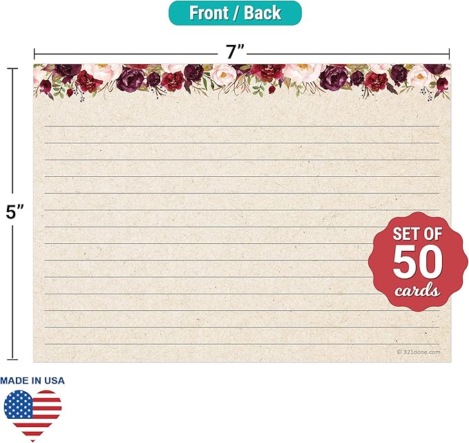 321Done Jumbo Floral Index Cards - Made in USA - Large Size 5x7 (Set of 50), Red Roses Rustic Kraft Tan College-Ruled Lined Notecards Double-Sided, Thick Heavy Duty Cardstock, Simple Note Cards, XL