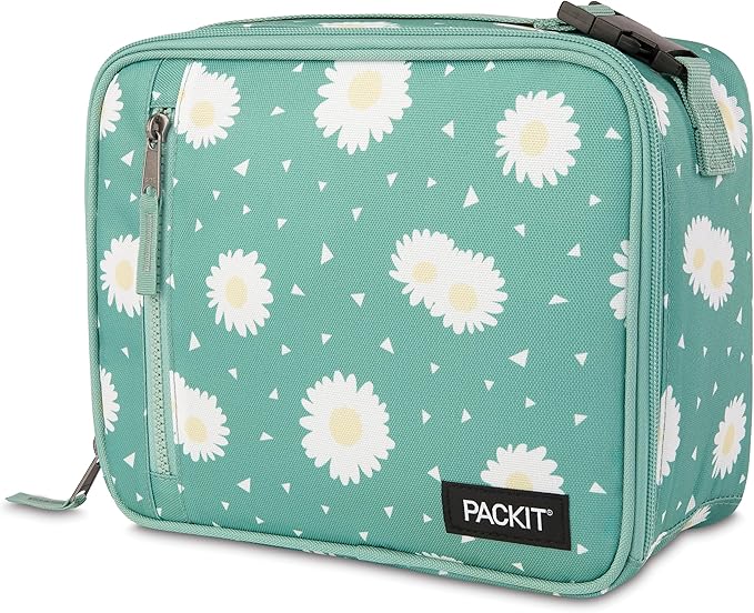 PackIt(R) Freezable Classic Lunch Box, Daisy Sage, Built with EcoFreeze(R) Technology, Collapsible, Reusable, Zip Closure With Zip Front Pocket and Buckle Handle, Designed for Fresh Lunch On the Go