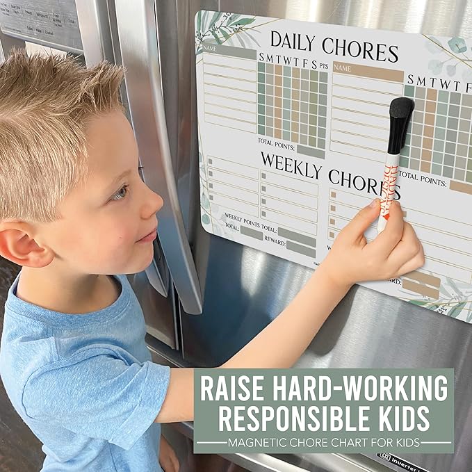Hadley Designs Magnetic Chore Chart for Kids Multiple - Chores Board for Refrigerator, Dry Erase Task Chart for 2 Kids Daily Behavior, Family Weekly Planner for Teens and Adults, Greenery Chore Board