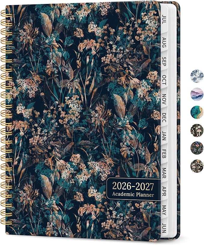 Planner 2026-2027, Academic Monthly and Weekly Calendar Planner for Women, July 2026 - June 2027, Hardcover Pretty Agenda Planner Book with Tabs, Spiral Daily Organizer for School Office Home Supplies, 6.3" x 8.5" - Royal Flowers