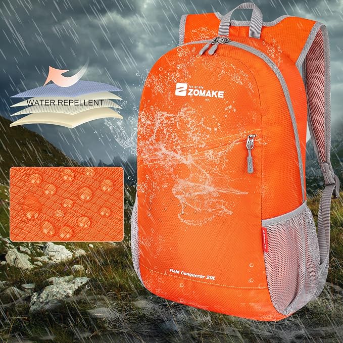 ZOMAKE Lightweight Packable Backpack 20L, Foldable Small Daypack for Hiking | Water Resistant Backpacks Day Bag for Travel Outdoor Camping Sport, Everyday Carry, Multi Compartment Storage(Orange)