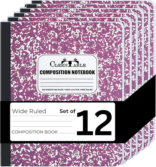 CLEENTABLE Composition Notebook 12 Pack, Wide Ruled Paper, Marble Cover Notebooks for School, 9.75 x 7.5 Inches, 100 Sheets (200 Pages), Sewn Binding Comp Books, Purple