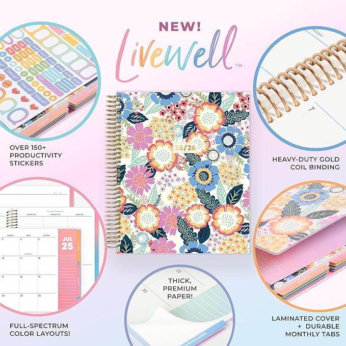 Blue Sky Livewell Weekly and Monthly Academic Year Planner Calendar, July - June, Flexible Cover, Wirebound, Colorful Interior, Laminated Tabs, Storage Pocket, Includes Stickers, Charmie (Charmie- 2025/2026, 7" x 9")