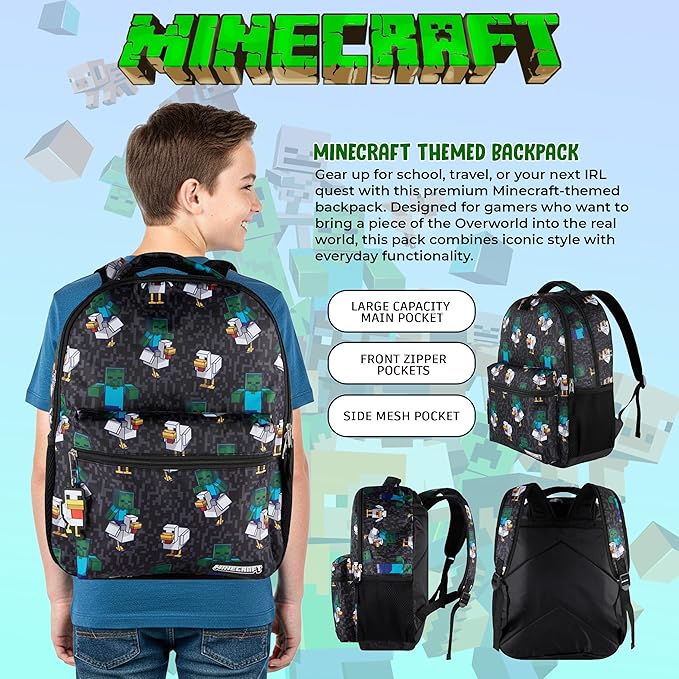 AI ACCESSORY INNOVATIONS Minecraft Chicken Jockey Boys & Girls Backpack, 16” Bookbag w/Molded Chicken Rubber Dangle