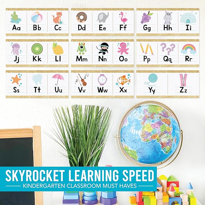 Hadley Designs Alphabet for Classroom Wall Decor - ABC Posters for Classroom Wall Chart Preschool & Kindergarten, ABC Letters & Number Line Elementary, Alphabet Cards, Varsity Letter Classroom Decor
