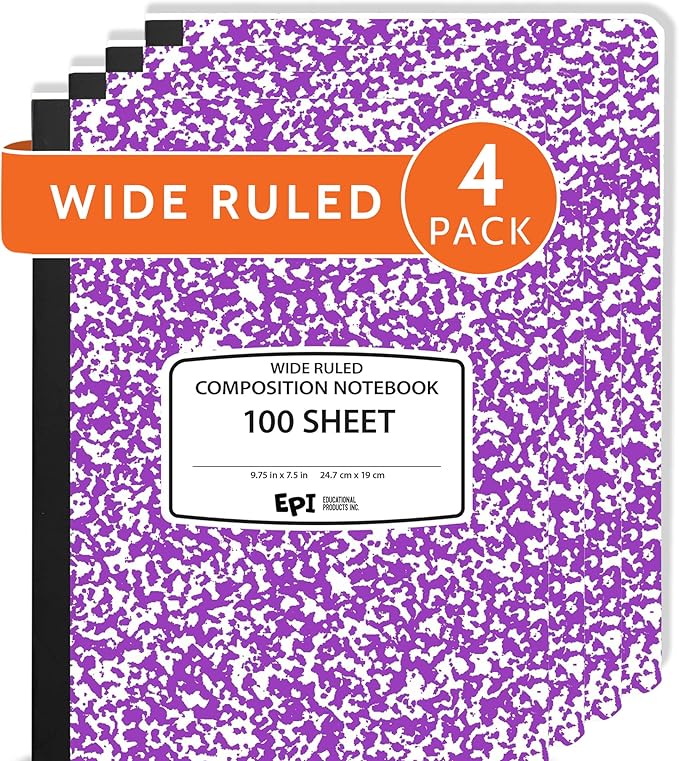 4 Pack - EPI Wide Ruled Marble Composition Notebook - Purple 200 Page Note Book - 9.75 x 7.5 Inch Hardcover Journal with Sewn Binding for Secure Pages - Classroom Back to School Supplies