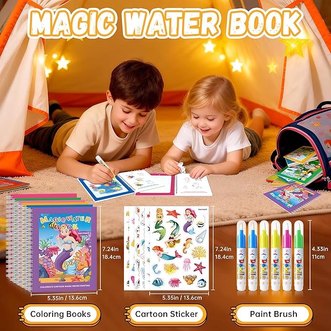 3P Water-Reveal Coloring Book for Toddlers–Mess Free Reusable Water Painting Pad with Pen,Unicorn/cute princess/mermaid Themes,Travel Activities,Party Favors,Holiday & Birthday Gifts for Kids Ages 3+