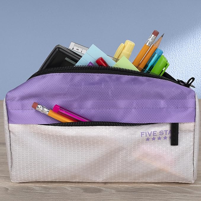 Five Star Pencil Pouch 9-Pocket Zipper Storage Organizer Case for Office Supplies Earbuds Chargers Cables Makeup, Tan/Purple (505600E)
