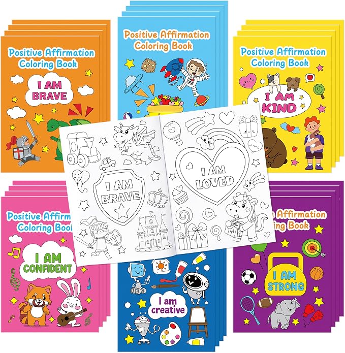 24Pcs Positive Affirmation Coloring Books - Promote Confidence DIY Color-in Pages Booklet Bulk Drawing Motivational Stress Relieving Party Supplies for School Classroom Rewards Gift for Kids