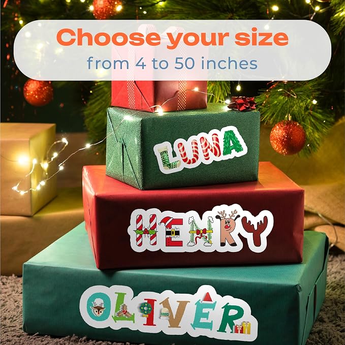 Custom Christmas Name Stickers – Holiday Name Decals for Cars, Laptops, Water Bottles, and More – Personalized Christmas Stickers for Gifts, Custom Name Holiday Sticker for Indoor & Outdoor Use