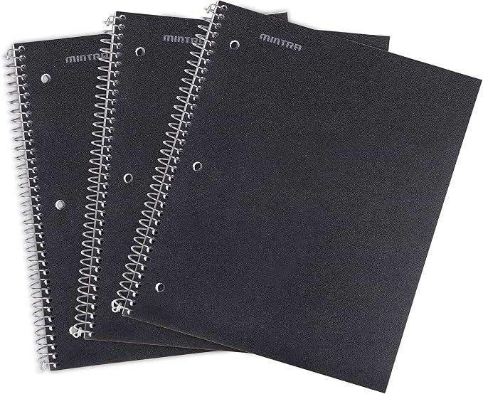 Mintra Office Durable Spiral Notebooks, 1 Subject, (Black, Wide Ruled 3 Pack), 100 Sheets, Poly Pocket, Moisture Resistant Cover, Strong Chipboard back, For School, Office, Business