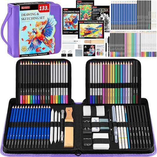 133 Pack Art Supplies Sketching Kit with Sketch Book, Coloring Book, Watercolor Pad, Black Paper Pad, Tutorial, Graphite Colored Charcoal Watercolor & Metallic Pencils for Artists Beginners Adults