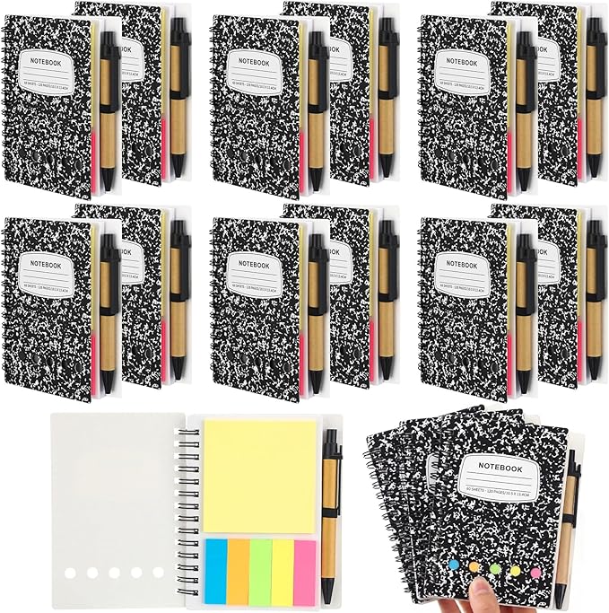 Dunzoom 12 Sets Spiral Notebook Bulk, Steno Pads Lined Notepad with Pen, Sticky Notes Colored Index Tabs, 5.2" x 4.1" Pocket Notebook for Home Business Office Supplies, 60 Sheets (Black)
