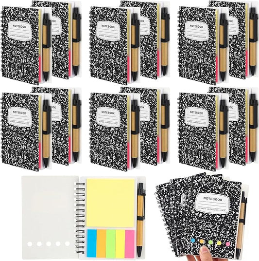 Dunzoom 12 Sets Spiral Notebook Bulk, Steno Pads Lined Notepad with Pen, Sticky Notes Colored Index Tabs, 5.2" x 4.1" Pocket Notebook for Home Business Office Supplies, 60 Sheets (Black)