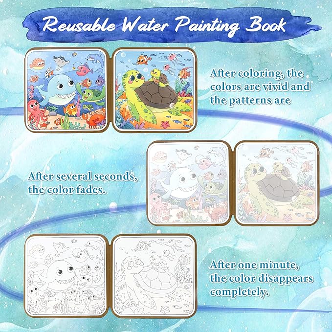 Smilo 4 Pack Magic Water Coloring Book for Kids, Reusable Mess-Free Painting Set with Alphabet, Numbers, Animal Themes, Fun Educational Sorting Game for Fine Motor Skills, Travel Gifts for Boys Girls