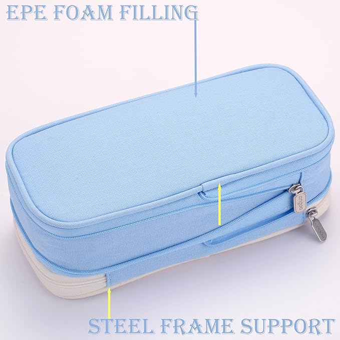 Large Capacity Canvas Pencil Case Organizer Holder Pouch Bag with Zipper Compartments, Pen Cases for Women Girls School Adults (Beige/Blue)