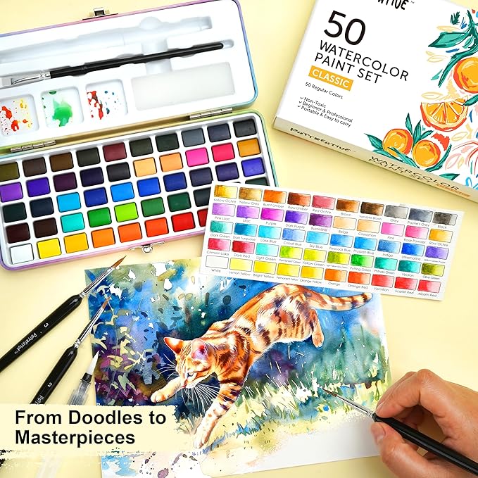 50 Solid Watercolor Paint Set, Built-in Palette with 6 Detailed Brushes, Non-toxic Portable Travel Set for Beginners, Artists, Painting Gift for Classroom, Festivals, Birthdays, Holidays