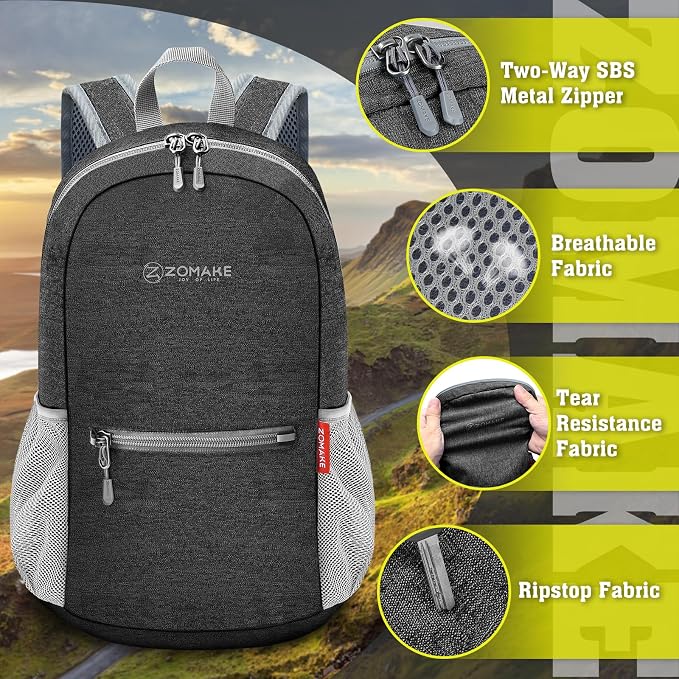 ZOMAKE Lightweight Packable Backpack, 10L Small Foldable Daypack for Hiking | Water Resistant Collapsible Backpacks for Women Men, Everyday Carry, Multi Compartment Storage, Adjustable Strap(Black A5)