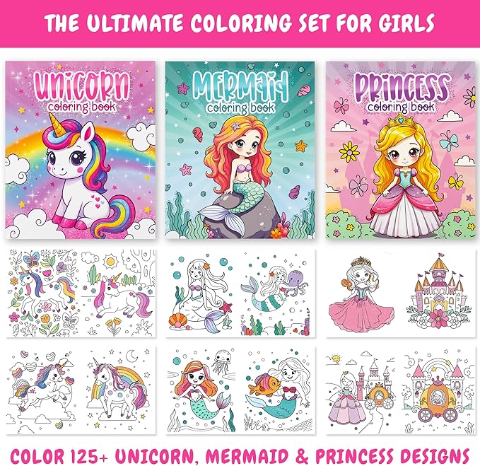 ZICOTO Fun Coloring Books for Kids Set of 3 – Cute Princess, Unicorn & Mermaid Coloring Book for Girls Ages 4–8 – Easy to Color Gift with Magical Themes for Your Creative Little Princess