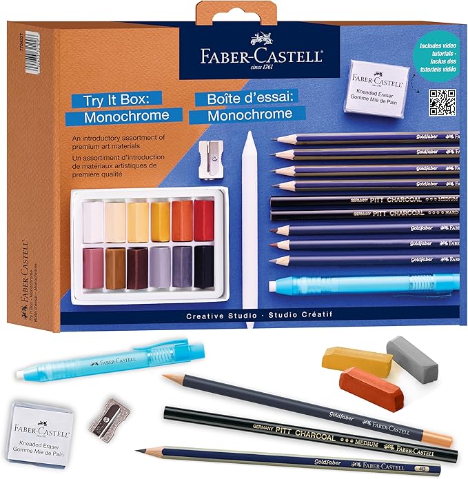 Faber-Castell Try It Box: Monochrome, 27 Piece Drawing Art Kit featuring Colored Pencils, Graphite, and Charcoal Pencils, Professional Art Supplies for Adults, Teens, and Beginners