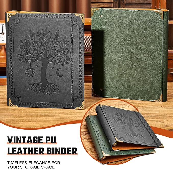 Ovesmusl PU Leather 3 Ring Binder Fits 8.5"x11" Letter Size Paper, 1.5 Inch Round Ring Binder Holds 350 Sheets, Notepad Paper Cover Loose Leaf Organizer, Black Tree