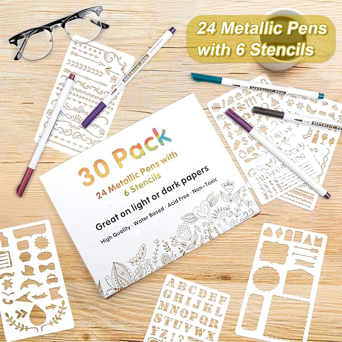 Lineon 30 Pack Metallic Marker Pens, 24 Colors Fine Tip Paint Pens with 6 Stencils for Black Paper DIY Craft Photo Album Rock Art Painting Card Making Glass Wood