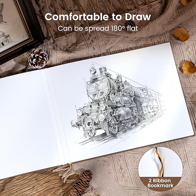 CAGIE Hardcover Sketch Book for Drawing, Mixed Media Sketchbook 120lb/200 GSM, 9" x 12" Lay-Flat Large Sketchbook, Sketch Pad for Artist Drawing, Boxed for Gifts, 60 Sheets/120 Pages, Brown