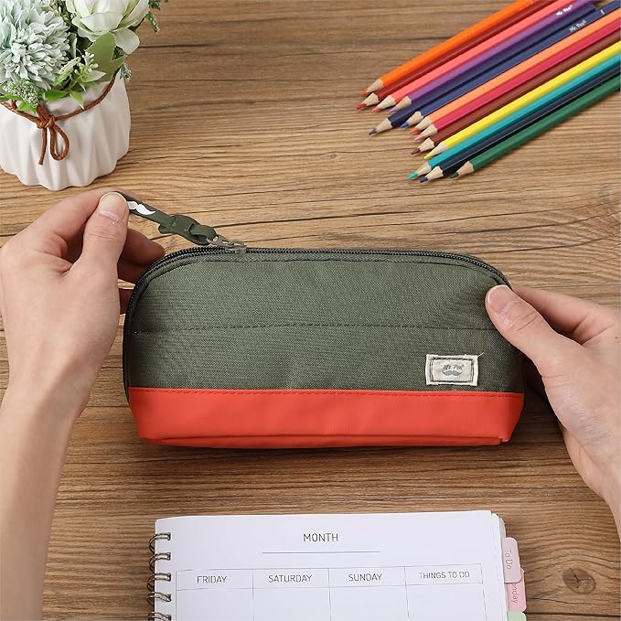 Mr. Pen- Fabric Pencil Case Pouch, 5 Mesh Pockets, Olive Green & Orange, Triangular Shape Pencil Pouch