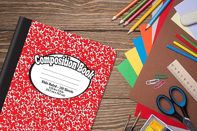 Better Office Products Composition Book Notebook - Hardcover, Wide Ruled (11/32-inch), 100 Sheet, One Subject, 9.75" x 7.5", Assorted Covers: Red, Blue, Green, Purple-4 Pack