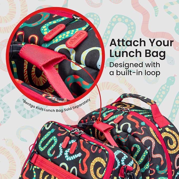 Bentgo Kids Print Backpack - Lightweight 14” Backpack for School, Travel & Daycare, Ideal for Ages 4+, Durable & Water-Resistant, Roomy Interior, & Loop for Lunch Bag (NEW Sssnakes)