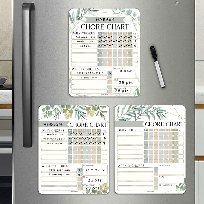 Hadley Designs Magnetic Chore Chart for Kids Multiple Kids – Dry Erase Chores Chart for Adults and Teens, Responsibility Task List for Family, Fridge Task Board Tracker at Home, Greenery Chore Board