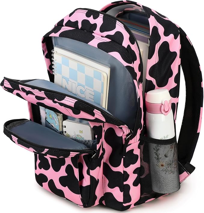 abshoo Classical Basic Cow Print Womens School Backpack For College Teen Girls Water Resistant Bookbag (Cow Pink)