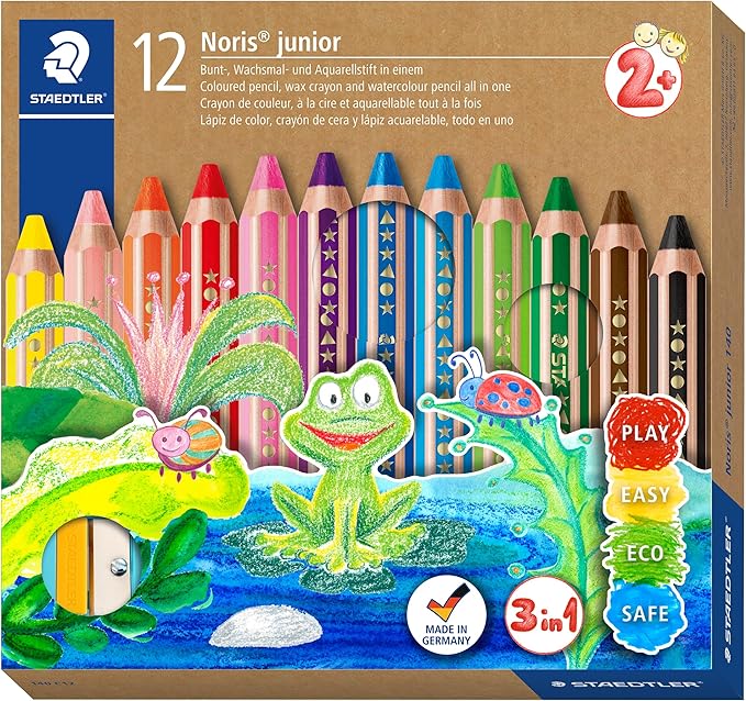STAEDTLER Noris Junior 3-in-1 Jumbo Coloring Pencils: 12 Count - Colored Pencil, Wax Crayon, & Watercolor Pencil All In One, Toddler & Preschool Art for Ages 2+, With Sharpener, Non-Toxic, Easy Grip