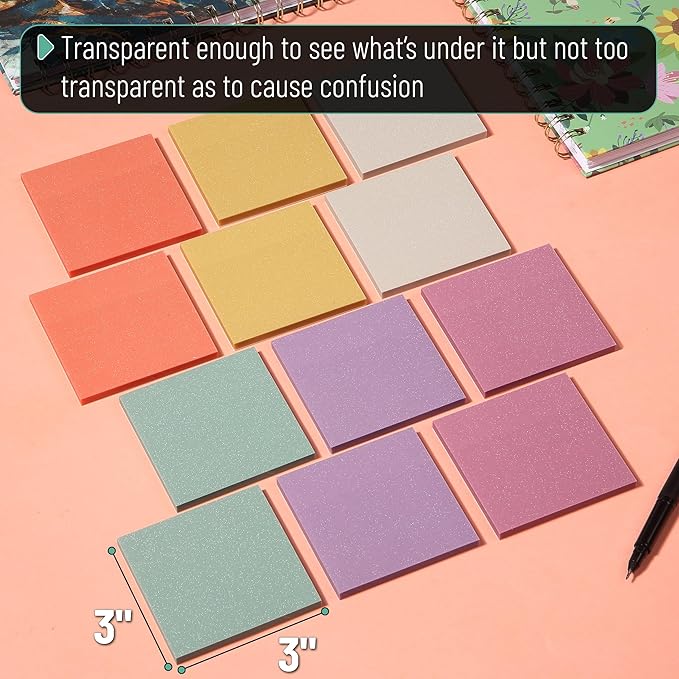 Mr. Pen- Transparent Glitter Sticky Notes, 3”x3”, 12 Pads, 600 Sheets, Colorful, Plastic Glitter Sticky Notes Bulk, Self-Stick Note Pads for Women, Office, School, Home, Study & Organization