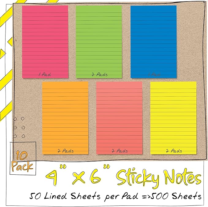 Better Office Products Lined Sticky Notes 4x6, 10 Pack (500 Sheets), Lined Post It Notes 4x6 Assorted Bright Colors, Strong Adhesive, Large Notes for Office School Memos
