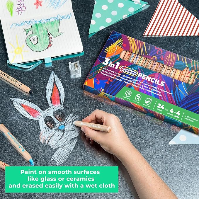 3 In 1 Color Pencil Set for Kids -24 Colored Pencil for Toddlers. Fat Coloring Pencils with Brush and Sharpener - Non-Toxic and Vegan Cute Color Pencils Perfect for Toddler Art Supplies