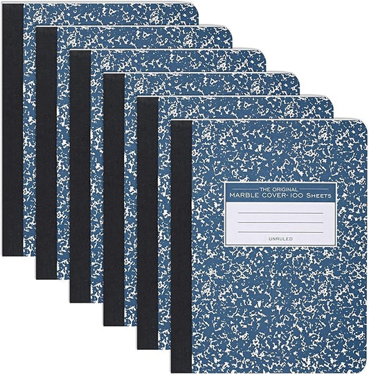 ROARING SPRING Hard Cover Composition Notebook, 6 Pack, Blue Marble Comp Book, 9.75″ x 7.5″, Unruled Blank Paper, 100 Sheets (200 Pages), Made in USA