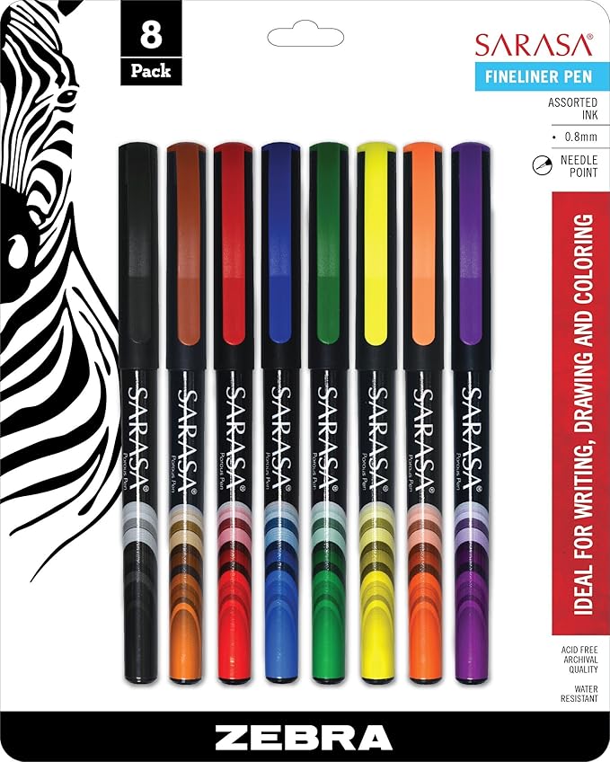 Zebra Pen, SARASA Fineliner Felt Tip Pens, 0.8mm Porous Point, Assorted Colors, Archival Quality, Acid Free, Fast-Drying, Great for Writing, Journaling and Coloring, 8-Pack (66108)