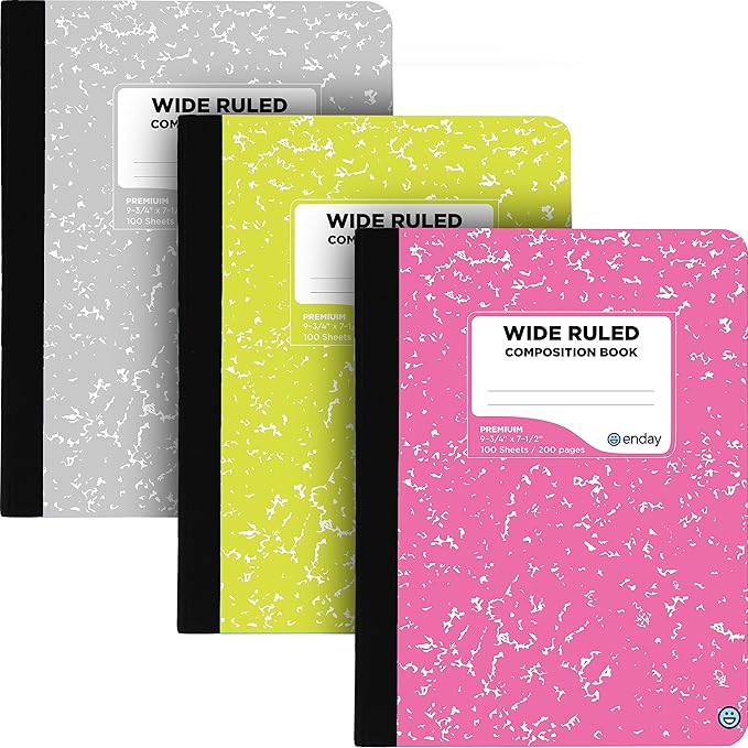 Composition Notebooks Wide Ruled Paper, Colored Marble Composition Notebook Covers, 100 Sheets (200 pages) Composition Books, Marble Notebooks Wide Ruled For School, Pink -Grey -Green – by Enday