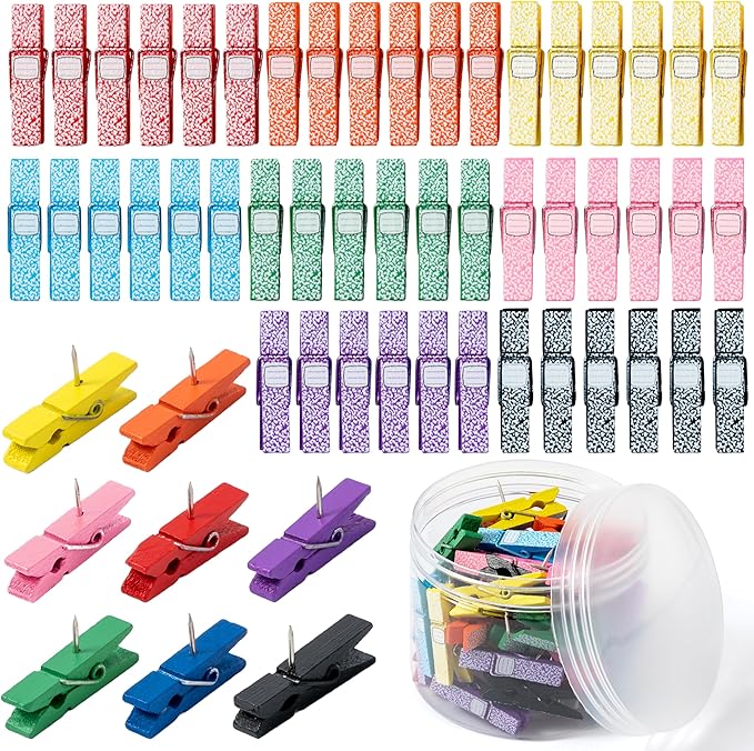 Haooryx Push Pin with Wooden Clips - 48Pcs Back To School Cork Bulletin Board Tack Thumbtacks Composition Notebook Clothes Pin Shaped Photo Clip for Back to School Classroom Board Artwork Teacher Gift