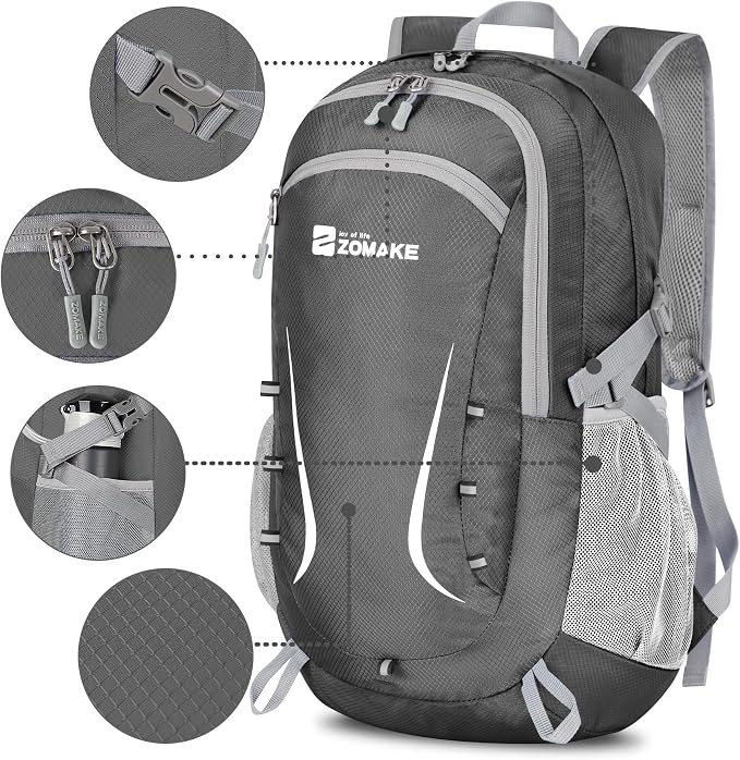 ZOMAKE Lightweight Packable Backpack 35L, Foldable Backpacks Water Resistant Collapsible Light Daypack for Hiking(Medium Grey) | Light Hiking Backpacks Water Resistant Collapsible Day Pack for Travel, Everyday Carry, Multi-Pocket Layout, Heavy Duty Nylon
