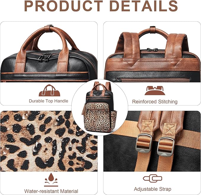 Shrrie Laptop Backpack for Women 15.6 inch Travel Leather Backpack Purse Work Computer Backpacks for Business College Black With Leopard