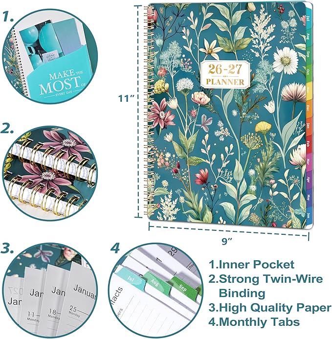Planner 2026-2027 - Academic Planner 2026-2027, from JULY 2026 to JUNE 2027, 9'' x 11'', Weekly and Monthly Planner, 26-27 Calendar Planner with Colourful Tabs, Premium Thick Paper, Twin-Wire Binding, Back Pocket