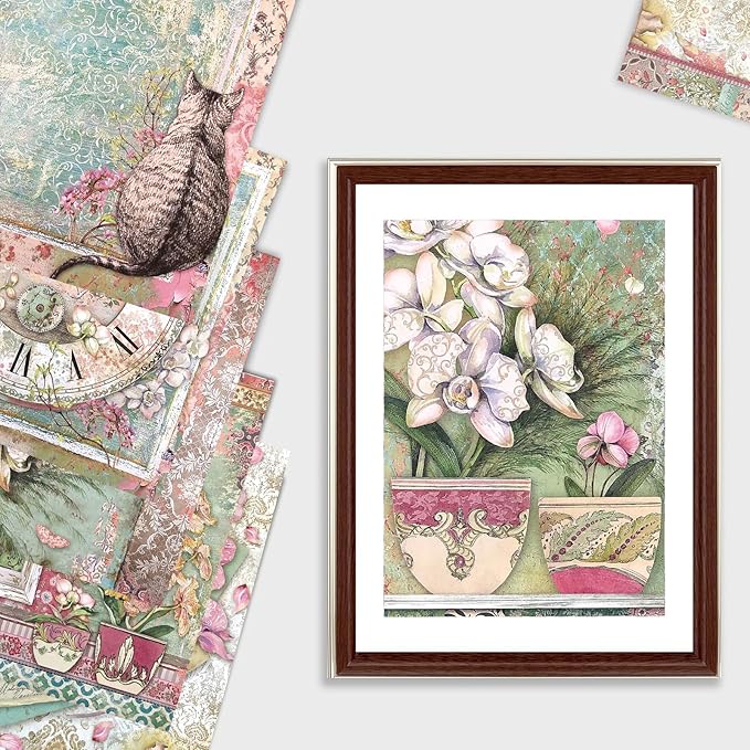 Scrapbook Paper,24 Sheets 6"x 6" Vintage Scrapbook Supplies,Single-Sided Pattern Decorative Cardstock Paper for Junk Journal,Card Making,DIY Album, Art Journaling,Decoupage Craft,Orchids and Cat