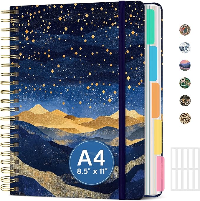 Large Spiral Notebook with Dividers & Tabs, 8.5" x 11" Hardcover 5 Subject Notebook for Work, 280 Pages, College Ruled, Cute Journal for Women, Perfect for Study & Office Note Taking, Golden Night