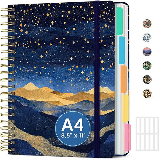 Large Spiral Notebook with Dividers & Tabs, 8.5" x 11" Hardcover 5 Subject Notebook for Work, 280 Pages, College Ruled, Cute Journal for Women, Perfect for Study & Office Note Taking, Golden Night